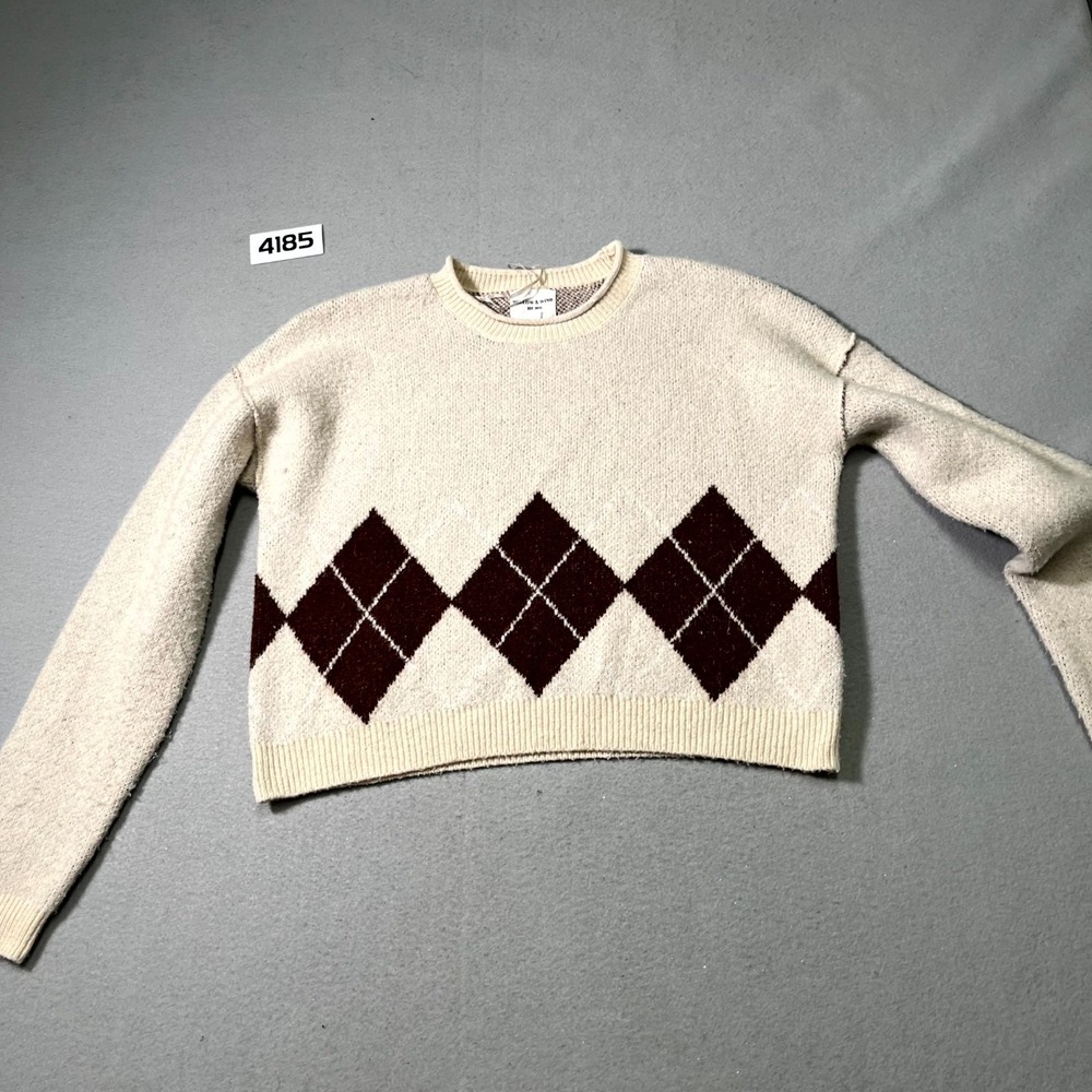 Willow & Wind Cropped Sweater Womens Large Beige Brown‎ Argyle Print Ribbed Hem